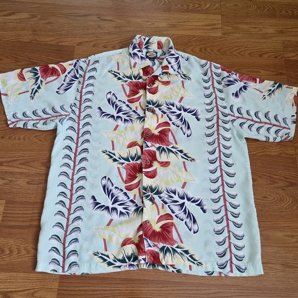 Vintage Tommy Bahama Hawaiian Shirt Men's Large Floral Hibiscus Turquoise Rayon
